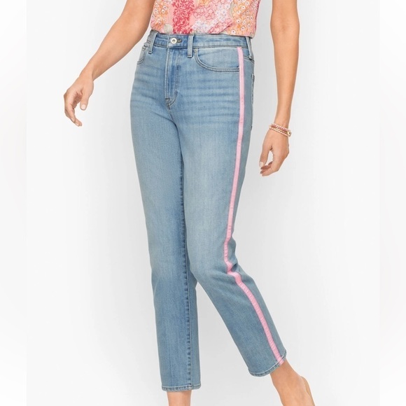 Talbots Modern Ankle Pink White Tape Embellished Amalfi Wash Blue Denim Jeans 10 - Picture 1 of 17